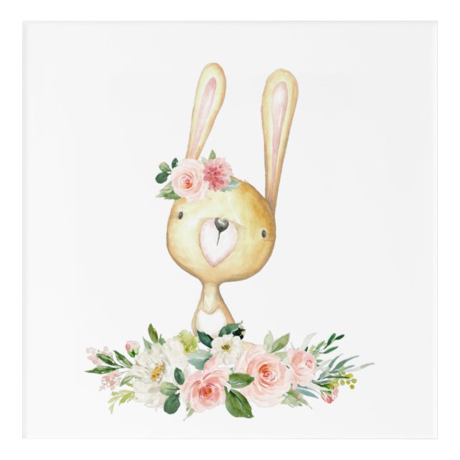Baby Bunny, Woodland Animals, Boho, Pink Flowers Acrylic Print (Front)