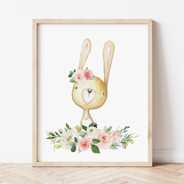 Baby Bunny, Woodland Animals, Boho, Pink Flowers Poster (Creator Uploaded)