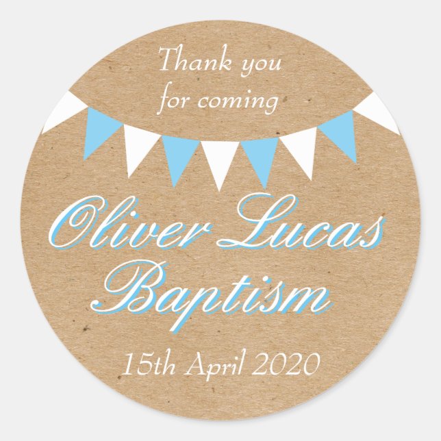 Baby Bunting Blue Baptism Christening Favor Classic Round Sticker (Front)