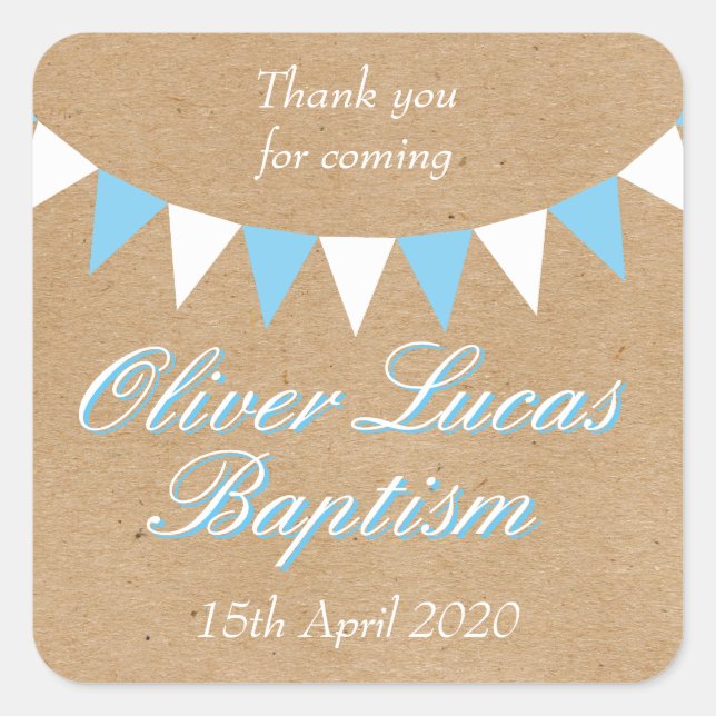 Baby Bunting Blue Baptism Christening Favor Square Sticker (Front)