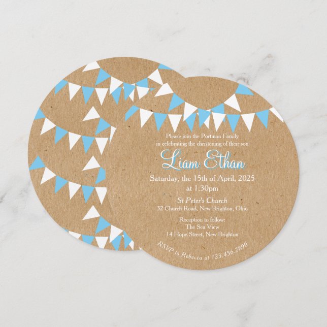 Baby Bunting Blue Baptism Christening Invitation (Front/Back)