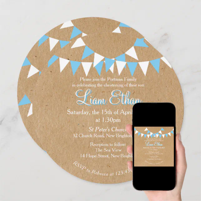 Baby Bunting Blue Baptism Christening Invitation Zazzle