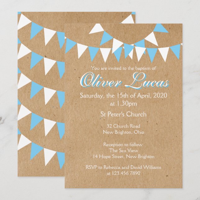 Baby Bunting Blue Baptism Christening Invitation (Front/Back)