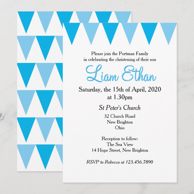 Baby Bunting Blue Baptism Christening Invitation (Front/Back)