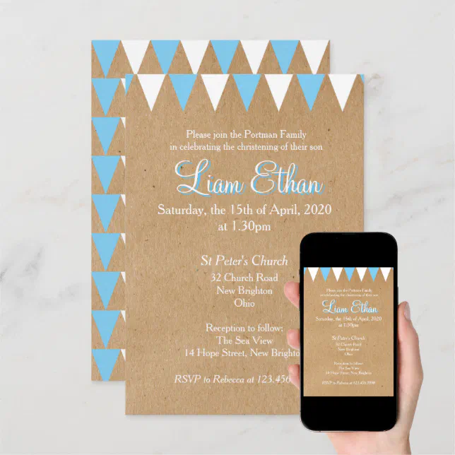 Baby Bunting Blue Baptism Christening Invitation Zazzle