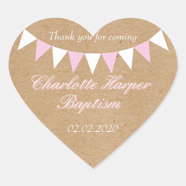 Baby Bunting Pink Baptism Christening Favor Heart Sticker (Front)