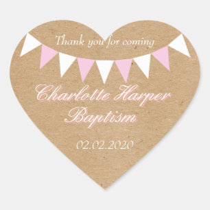 Baby Bunting Pink Baptism Christening Favor Heart Sticker