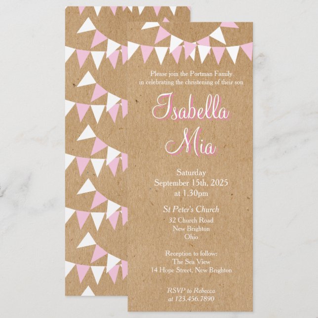 Baby Bunting Pink Baptism Christening Invitation (Front/Back)