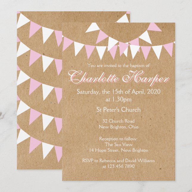 Baby Bunting Pink Baptism Christening Invitation (Front/Back)