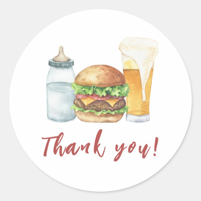 Baby, Burgers and Beers Baby shower Thank you Classic Round Sticker (Front)