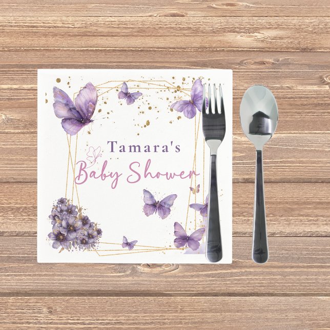 Baby Butterfly Purple Gold Baby Shower Party Napkins (Creator Uploaded)