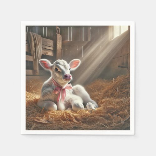 Baby Calf In Sunlit Barn Stall Napkins