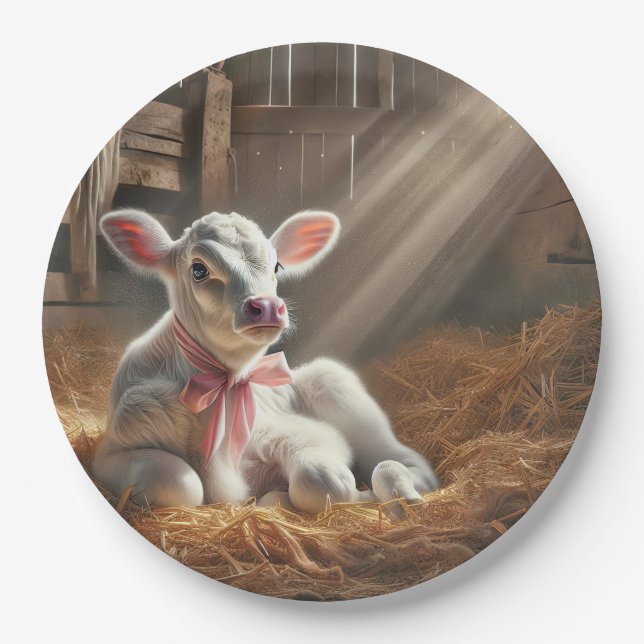 Baby Calf In Sunlit Barn Stall Paper Plates (Front)