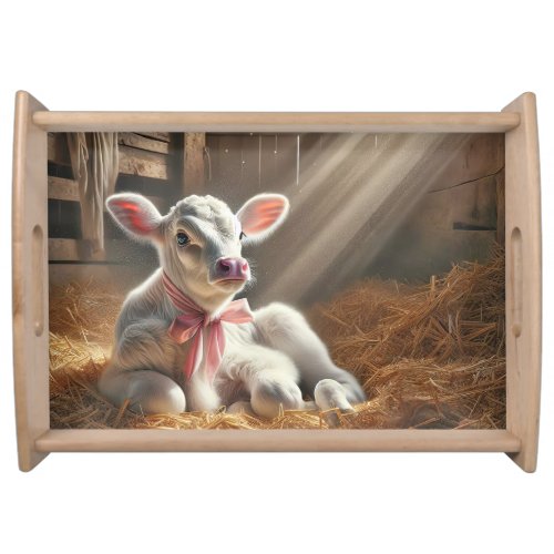 Baby Calf In Sunlit Barn Stall Serving Tray