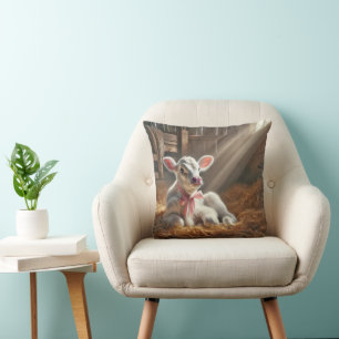 Baby Calf In Sunlit Barn Stall Throw Pillow