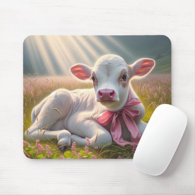 Baby Calf In Sunlit Pasture Mouse Pad (With Mouse)