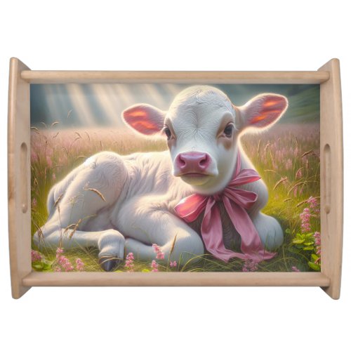 Baby Calf In Sunlit Pasture Serving Tray