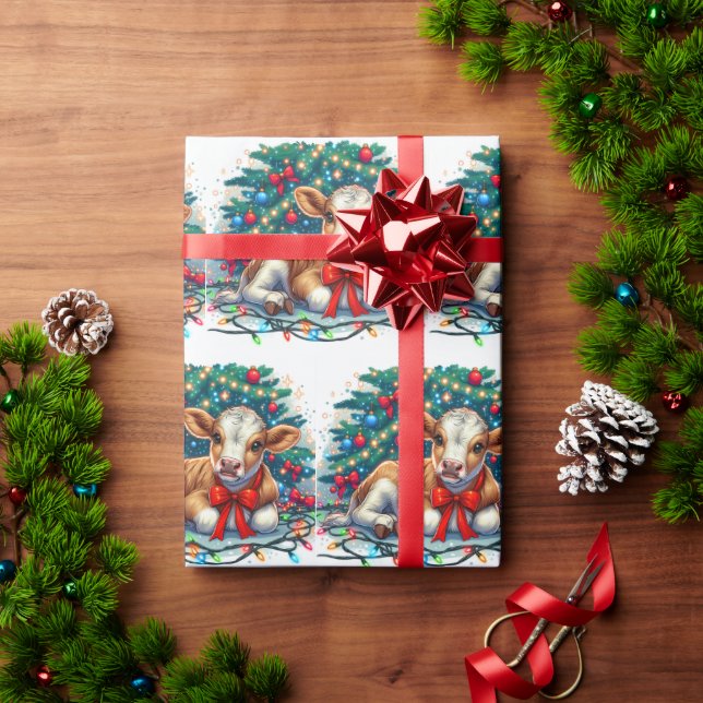 Baby Calf Laying By Christmas Tree Wrapping Paper (Holiday Gift)