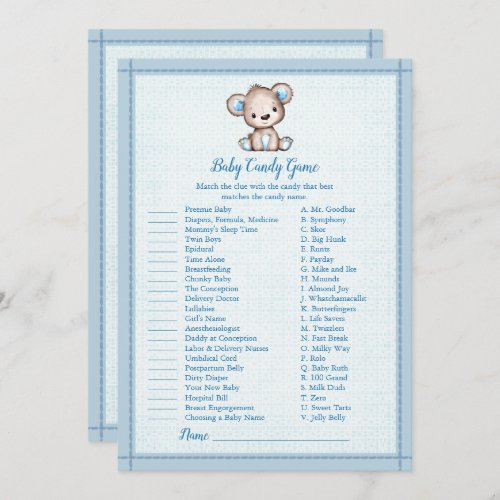 Baby Candy Cute Brown Bear Boy Shower Game Card