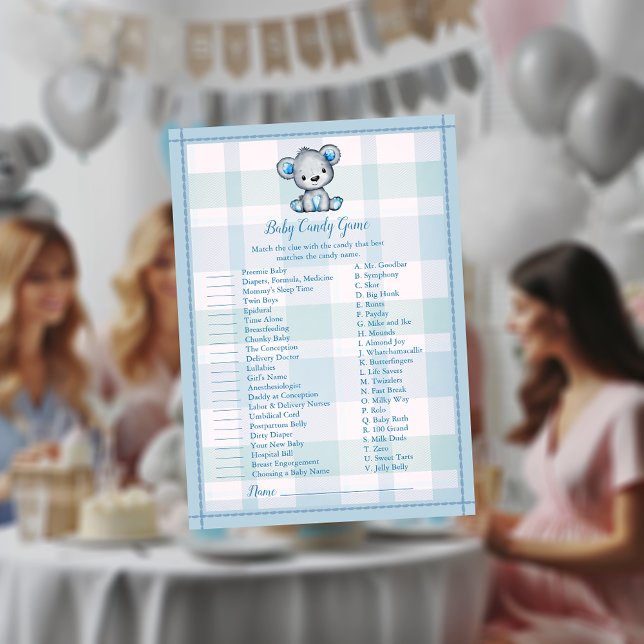 Baby Candy Cute Gray Bear Boy Plaid Shower Game Invitation (Creator Uploaded)