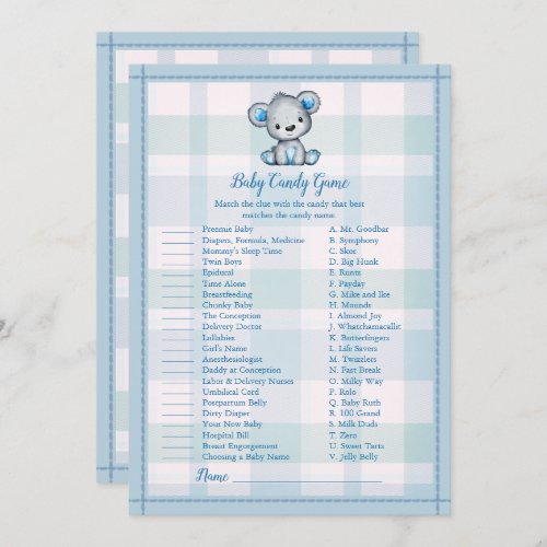 Baby Candy Cute Gray Bear Boy Plaid Shower Game Invitation