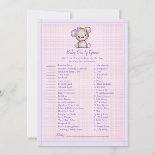 Baby Candy Cute Purple Bear Girl Shower Game Card