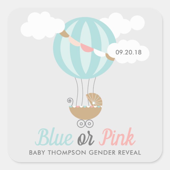 Baby Carriage Balloon Gender Reveal Party Square Sticker (Front)