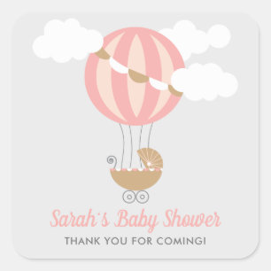 Baby Carriage Balloon Girl Baby Shower Square Sticker