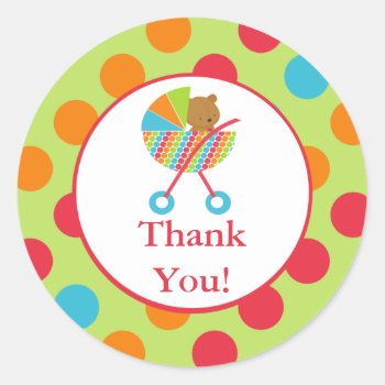 Baby Carriage Bear Baby Thank You Shower Sticker by celebrateitinvites at Zazzle