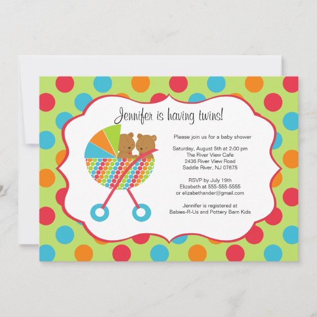 Baby Carriage Bear Twins Baby Shower Invitation (Front)