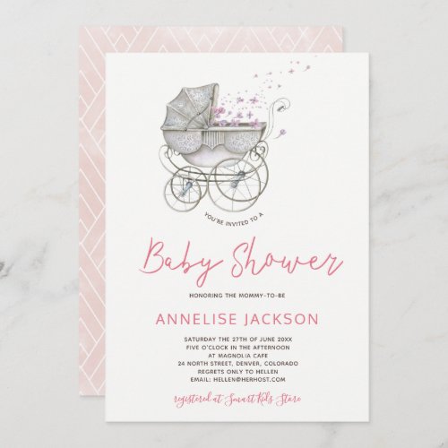 Baby carriage blush watercolor baby girl shower invitation