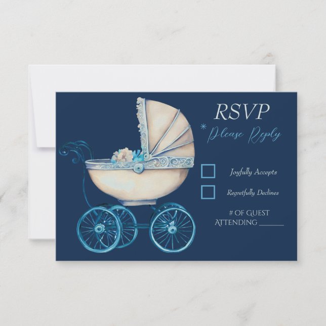 Baby Carriage Boy Baby Shower RSVP Card (Front)