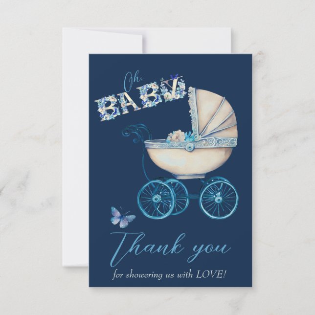Baby Carriage Boy Baby Shower Thank You Card (Front)