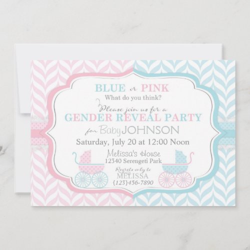 Baby Carriage &amp; Chevron Print Gender Reveal Invitations