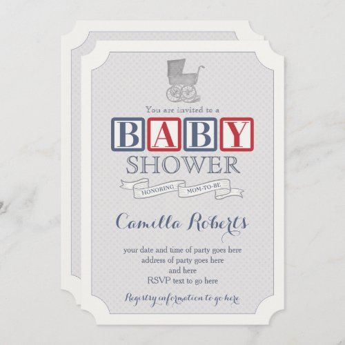 Baby Carriage Classic Vintage Baby Shower For Boy Invitation