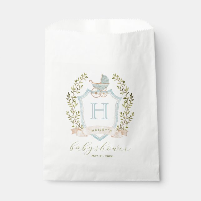 Baby Carriage Crest Monogram | Blue Baby Shower Favor Bag (Front)