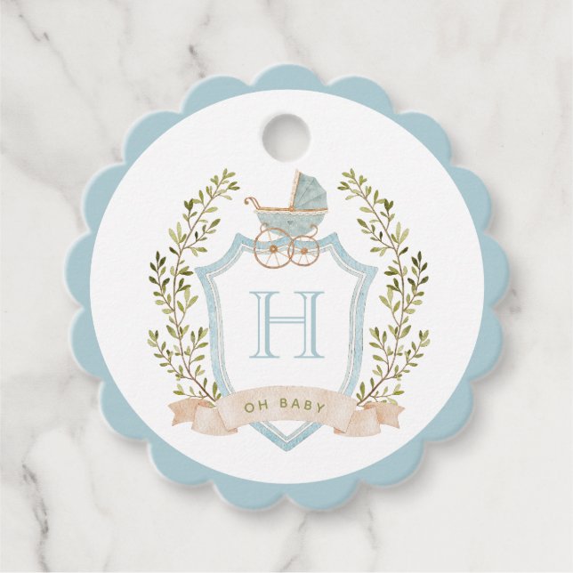 Baby Carriage Crest Monogram | Blue Baby Shower Favor Tags (Front)