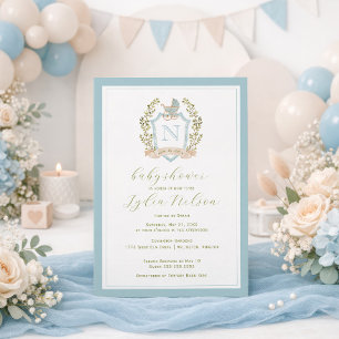Baby Carriage Crest Monogram   Blue Baby Shower Invitation