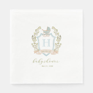 Baby Carriage Crest Monogram | Blue Baby Shower Napkins