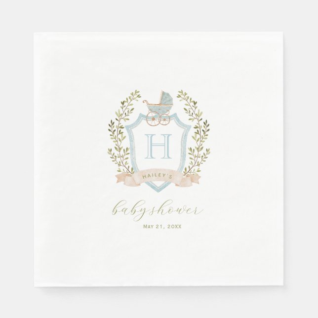 Baby Carriage Crest Monogram | Blue Baby Shower Napkins (Front)