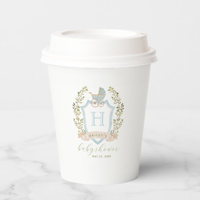 Baby Carriage Crest Monogram | Blue Baby Shower Paper Cups (Front)