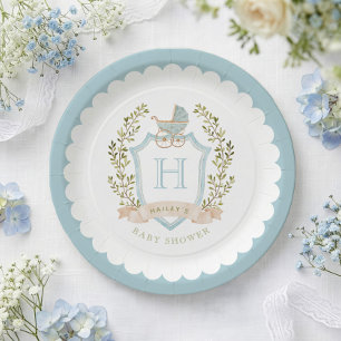 Baby Carriage Crest Monogram   Blue Baby Shower Paper Plates