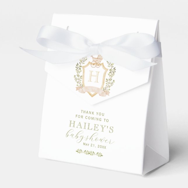 Baby Carriage Crest Monogram | Neutral Baby Shower Favor Boxes (Front Side)