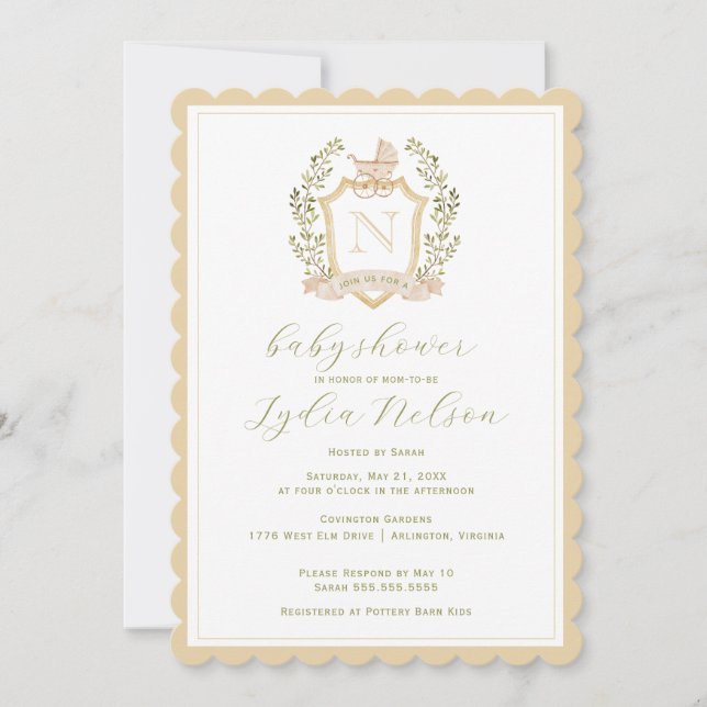 Baby Carriage Crest Monogram | Neutral Baby Shower Invitation (Front)