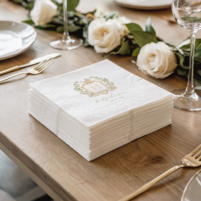 Baby Carriage Crest Monogram | Neutral Baby Shower Napkins (Simulation of a stack of napkins. Actual napkins have a coined textured border.)