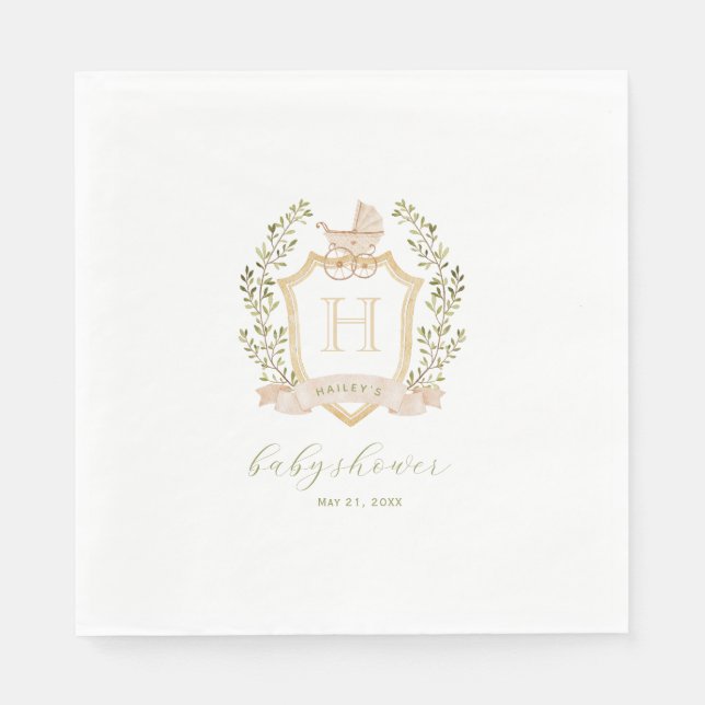 Baby Carriage Crest Monogram | Neutral Baby Shower Napkins (Front)