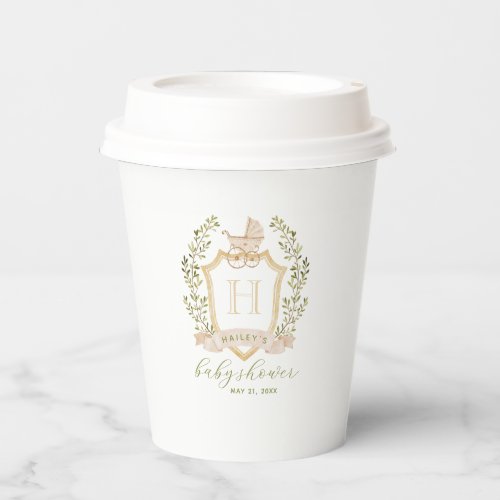 Baby Carriage Crest Monogram  Neutral Baby Shower Paper Cups