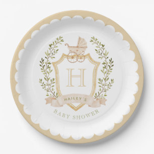 Baby Carriage Crest Monogram   Neutral Baby Shower Paper Plates