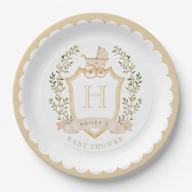 Baby Carriage Crest Monogram | Neutral Baby Shower Paper Plates (Front)