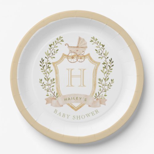 Baby Carriage Crest Monogram  Neutral Baby Shower Paper Plates